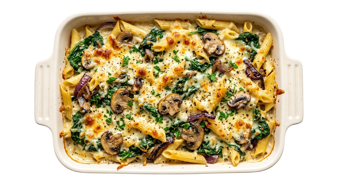 Pasta mit Spinat, Champignons, Zwiebeln